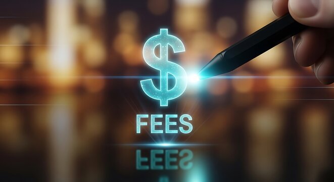 A hand pointing at a glowing dollar sign and the word FEES, representing financial costs.