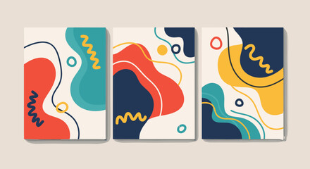 Collection of three abstract art posters featuring organic fluid shapes, wavy lines, and a vibrant primary color palette of red, blue, and yellow.