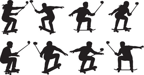 Black Solid Action Sports Selfie Stick Camera Silhouettes Set of Six on White Background © Lubna