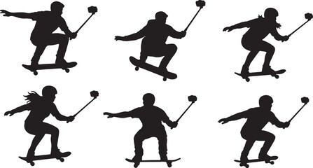 Black Solid Action Sports Selfie Stick Camera Silhouettes Set of Six on White Background © Lubna