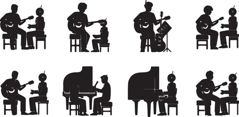Black Solid AI Robot Music Collaboration Silhouettes Set of Six on White Background © Lubna