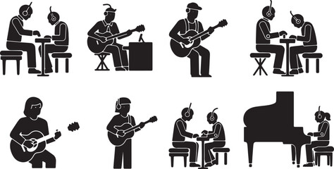 Black Solid AI Robot Music Collaboration Silhouettes Set of Six on White Background © Lubna