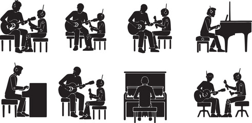 Black Solid AI Robot Music Collaboration Silhouettes Set of Six on White Background © Lubna