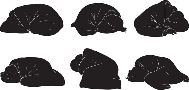 Black Solid Airport Floor Jacket Wrapped Sleeping Silhouettes Set of Six on White Background