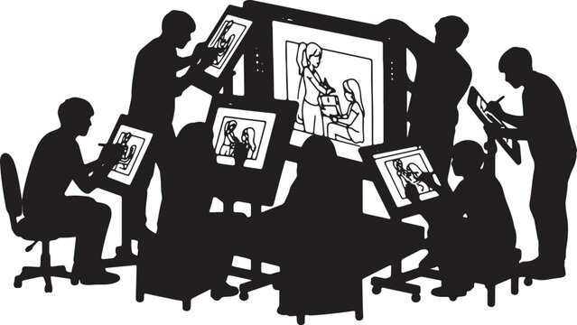 Black Solid Animation Student Drawing Display Stream Silhouettes Set of Six on White Background
