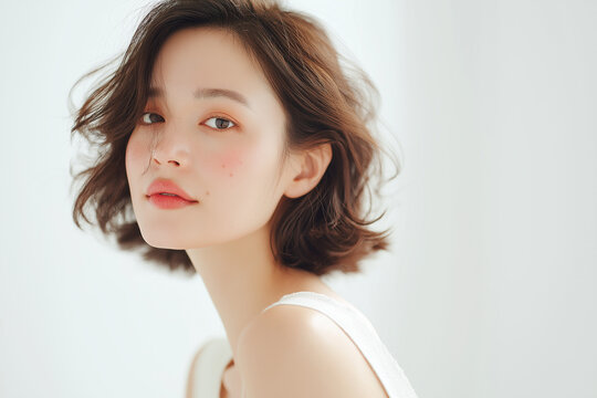 日本人, 女性, 20代, 美肌, 白背景, 透明感, ポートレート, 清潔感, 爽やか, ショートヘア, ボブ, 茶髪, ウェーブヘア, スキンケア, 美容, 健康的, ナチュラル, 笑顔, キャミソール, 白, 抜け感, 基礎化粧品, コスメ, 素肌, 輝き, ツヤ肌, 清楚, ライフスタイル, コピースペース, 切り抜き, 広告素材, 1人, 若い, ミニマル, ウェブ素材, 瑞々しい, 潤