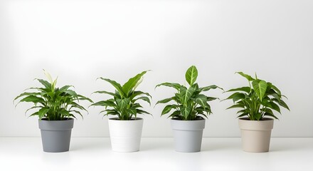 Obraz premium Four potted plants with lush green leaves on white background