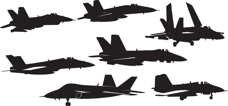 Black Solid Carrier-Based Fighter Jets Silhouettes Set of Six on White Background