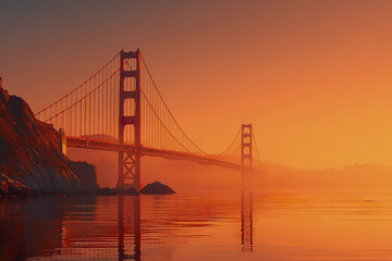 Obraz premium Golden Gate Bridge silhouette at sunrise with orange sky and calm water reflecting structure, creating peaceful and warm atmosphere in early morning light