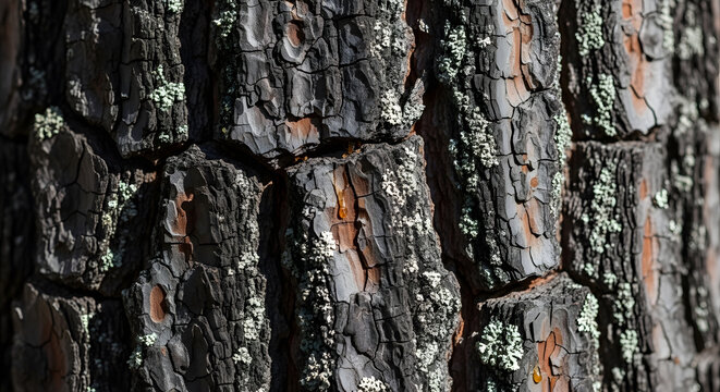 Close up of rough textured pine tree bark with natural patterns and resin drops