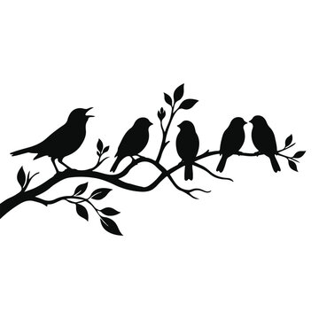 Birds Sitting on Long Tree Branch Silhouette Vector Illustration, Nature Wildlife Bird Family Scene, Minimal Black Bird Clipart for Wall Art Logo Cricut Laser Cut Design