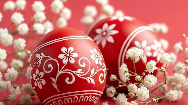 A beautifully composed close-up shot features two vibrantly red, intricately decorated eggs, adorned with delicate white floral and scroll patterns. They are artfully arranged amidst a scattering of s