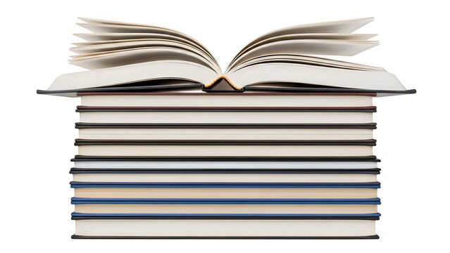 A stack of books with an open book on top isolated on transparent background