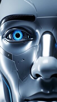 Close Up of a Robotic Face With Bright Blue Eye and Metallic Silver Texture Under Studio Lighting