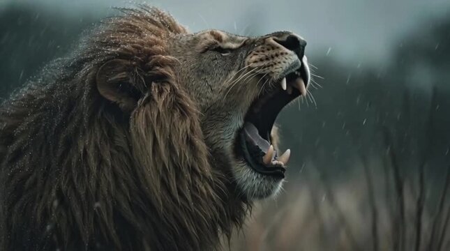 A magnificent male lion captured mid-roar, its impressive mane and wide-open mouth conveying raw power and the call of the wild in a dramatic outdoor setting