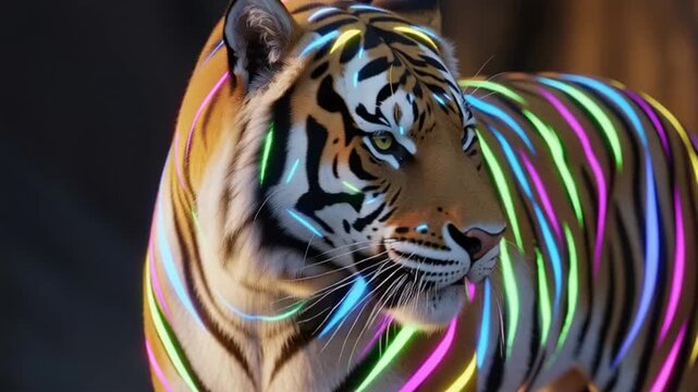 A tiger with vibrant neon stripes on its body looks forward in a dark environment.