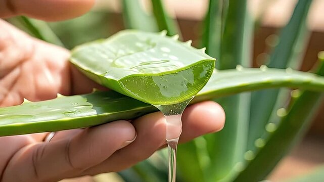A captivating close-up shot features hands delicately extracting fresh, clear aloe vera gel from a vibrant green, freshly cut leaf. The translucent, viscous sap slowly drips, showcasing the natural pu