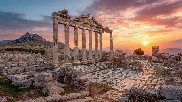 Serene image of ancient ruins bathed in the golden light of sunset, evoking a sense of timelessness and inspiring reflection. Perfect for travel blogs