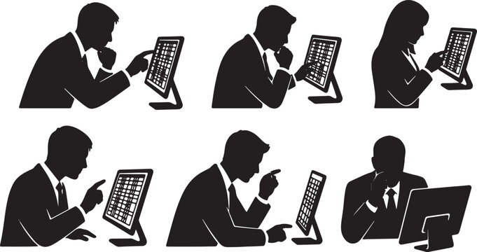 Black Solid Business Analysts Squinting Spreadsheet Silhouettes Set of Six on White Background