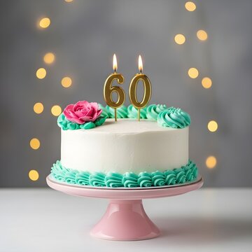 60th birthday celebration cake with white and teal frosting and pink rose