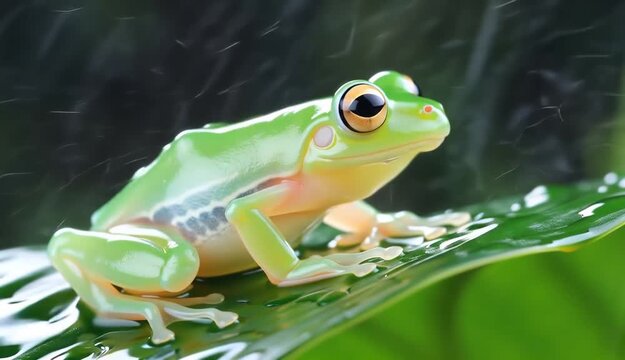 A small, cute green tree frog sits on a tropical leaf in a macro wildlife closeup, showcasing a colorful amphibian in its natural rainforest habitat