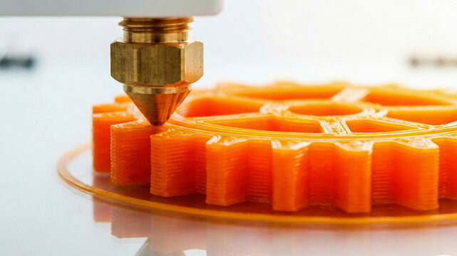 A 3D printer nozzle extrudes orange plastic filament, meticulously forming a gear, symbolizing innovation, advanced manufacturing, and future technology.