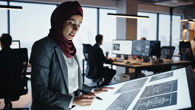 Focused Woman Architect wearing Hijab and Suit reviews Blueprints on Illuminated Table in Modern Office
