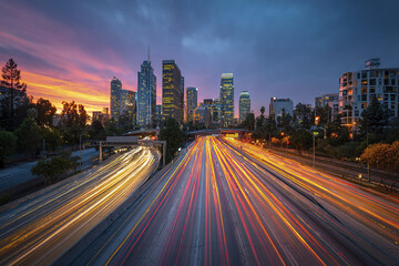 Long exposure traffic light trails on busy highway with city skyline and colorful sunset sky, creating dynamic urban scene full of motion and vibrant energy