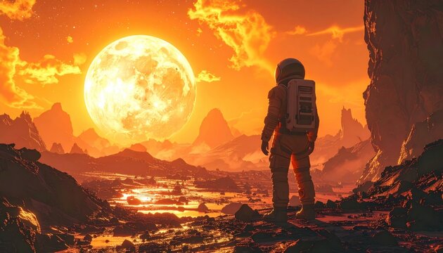 A lone astronaut stands on a rugged alien planet, mesmerized by a colossal, fiery celestial body, an evocative portrayal of future space exploration and cosmic discovery