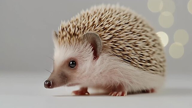 Hedgehog Looking Directly at Camera with Bokeh Lights in a Studio Setting. 4K Video