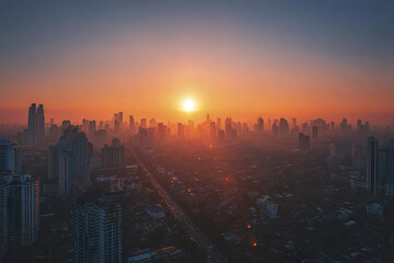 Fototapeta premium Sunset over modern city skyline with tall buildings and skyscrapers casting long shadows, creating warm and dramatic urban atmosphere