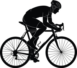Fototapeta premium Black silhouette of male cyclist riding road bike, active sports man vector illustration, athletic graphic design element on white background