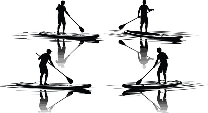 Silhouette of man on stand up paddleboard, active water sport recreation, surfing reflection on white background, vector illustration design element