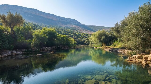 Scenic banias nature reserve with waterfalls and lush greenery at the foot of mount hermon, northern golan heights, israel