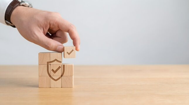 Hand Adding Checkmark Block to Wooden Security Shield
