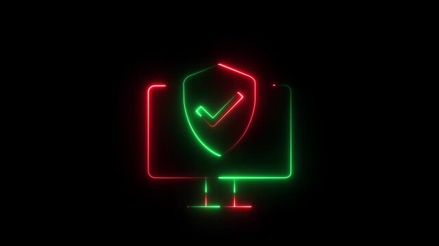 Neon security shield with checkmark overlaying a computer monitor animation, representing digital protection, cybersecurity, antivirus software, or online safety