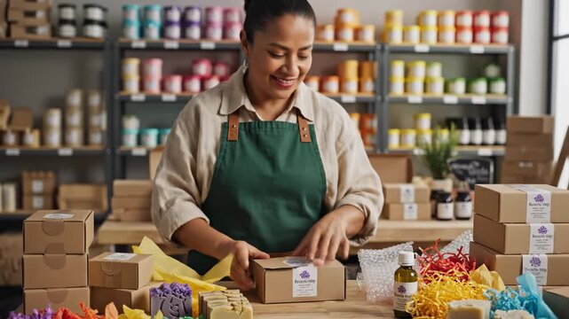 Woman Packaging Handmade Soaps With Colorful Wrapping Materials in Workshop