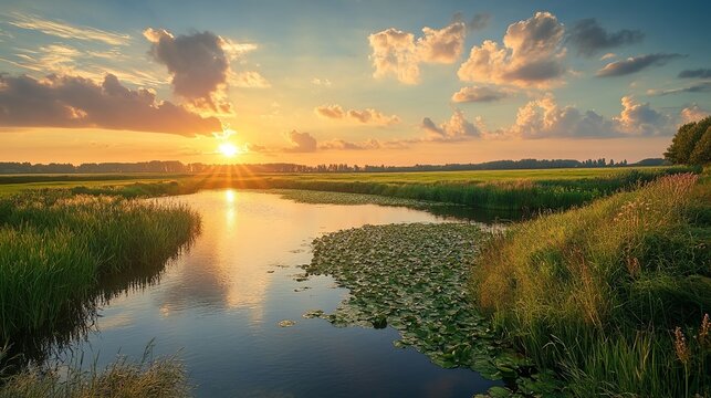Sunset over dutch polder landscape near gouda holland farmland