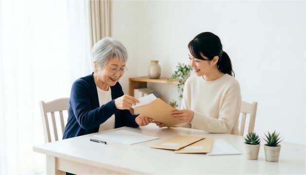 リビングで書類を封筒にまとめるシニア女性と娘
