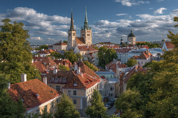Fototapeta premium Aerial panoramic cityscape of European old town with historic cathedral towers, red tiled roofs, lush green trees, and dramatic cloudy sky creating peaceful and charming atmosphere
