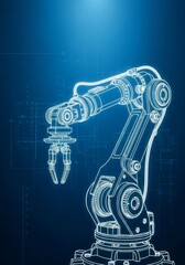 Detailed blueprint schematic of an automated sample sorting robotic arm with white precision lines on a deep blue engineering background, prototype, laboratory equipment, abstract