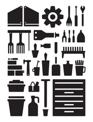Fototapeta premium Collection of black silhouette icons representing various tools and equipment for DIY and home repair.