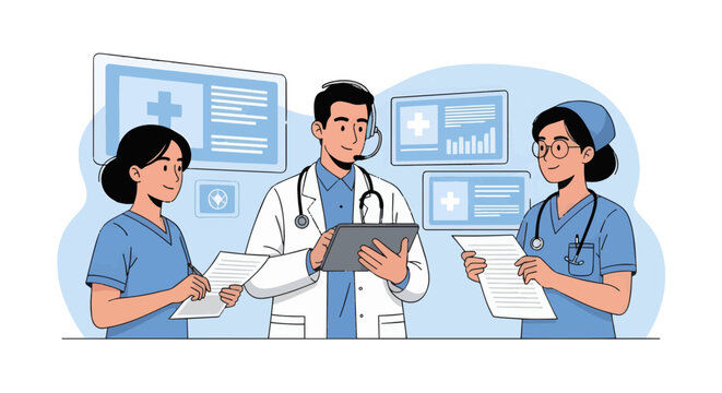 Medical Team Discussing Patient Information on Digital Screens