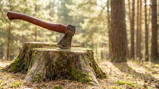 An axe rests in a mossy tree stump in a sunlit forest, symbolizing deforestation, environmental impact, and resource depletion.