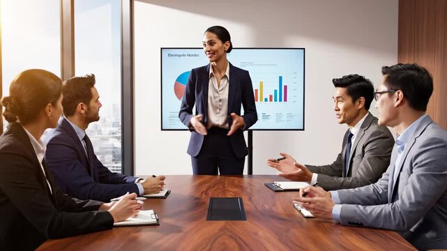 Diverse Business Team In Modern Conference Room Listening To Female Leader Presenting Data On Screen
