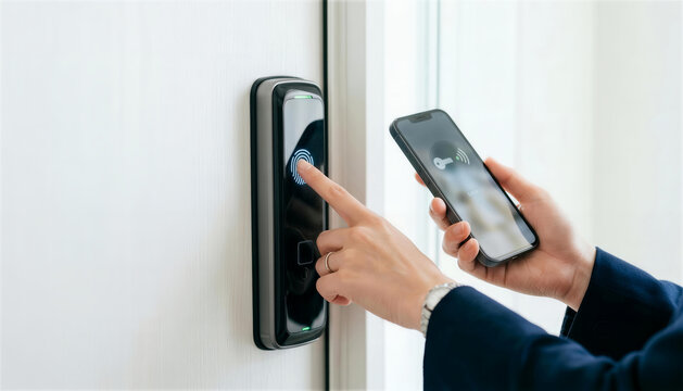 スマートフォンと指紋認証で玄関のスマートロックを解錠する手元