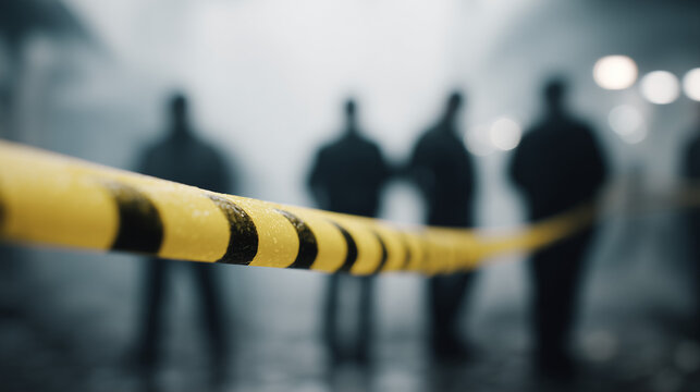 Crime Scene Investigation: A stark crime scene is cordoned off with caution tape, the blurred silhouettes of investigators in the background hint at the gravity of the situation.