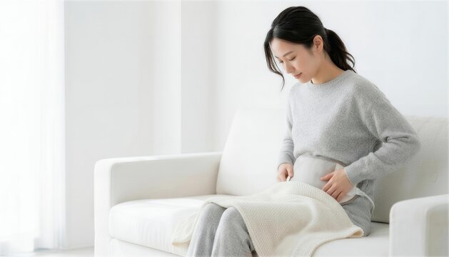 ソファに座って温熱ベルトでお腹を温める女性
