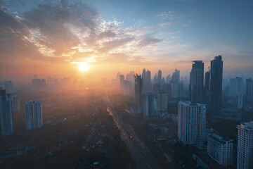 Fototapeta premium Aerial panoramic drone view of sunrise over modern downtown city skyline with tall skyscraper buildings and road stretching into distance under partly cloudy sky