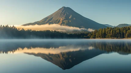 Poster Reflectie Volcanic mountain at sunrise reflected in calm lake water, serene nature landscape  © Nazia